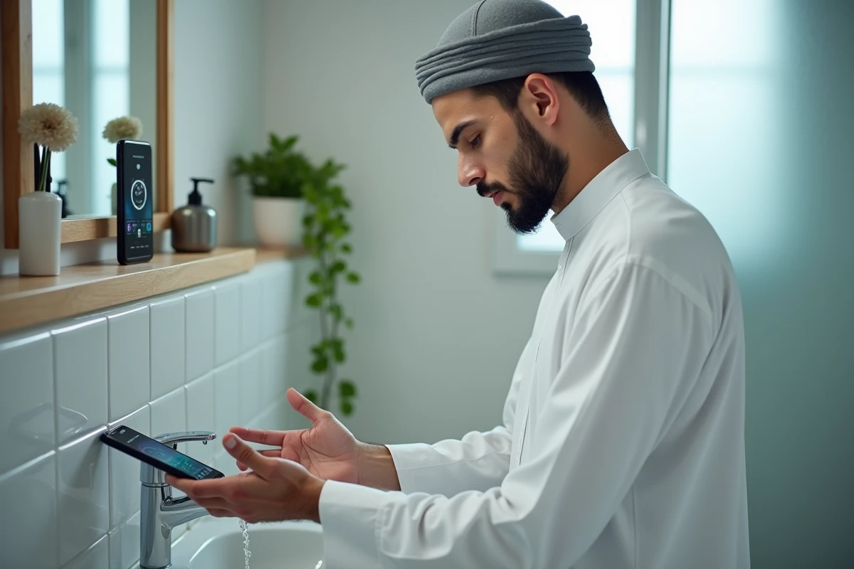 Homme musulman faisant ses ablutions avant la prière en consultant l'heure sur son téléphone