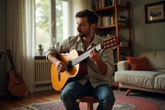 Homme jouant des accords de guitare classique dans un salon chaleureux, vue trois quarts