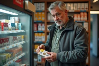 Frontalier achetant un paquet de cigarettes Winston dans un bureau de tabac allemand avec des euros en main
