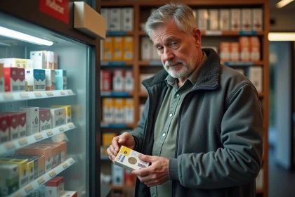 Frontalier achetant un paquet de cigarettes Winston dans un bureau de tabac allemand avec des euros en main