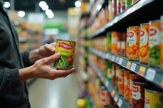 Personne examinant des conserves de legumes en supermarche