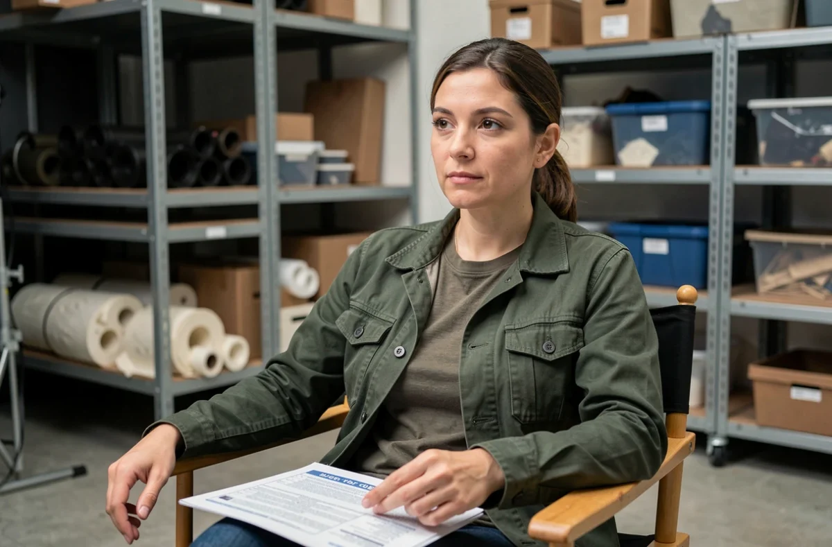 Actrice assise dans une chaise de réalisateur sur un plateau de tournage avec un script Marvel dans les mains