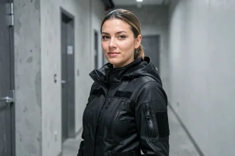 Actrice en veste tactique noire dans un couloir de studio de cinéma, style Marvel cinématographique réaliste