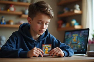 Adolescent examinant un code de carte Pokémon Trading Card Game Online à son bureau, avec des accessoires de collection en arrière-plan