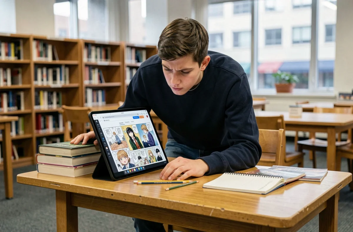 Adolescent consultant un site de scans manga francophones sur une tablette dans une bibliothèque