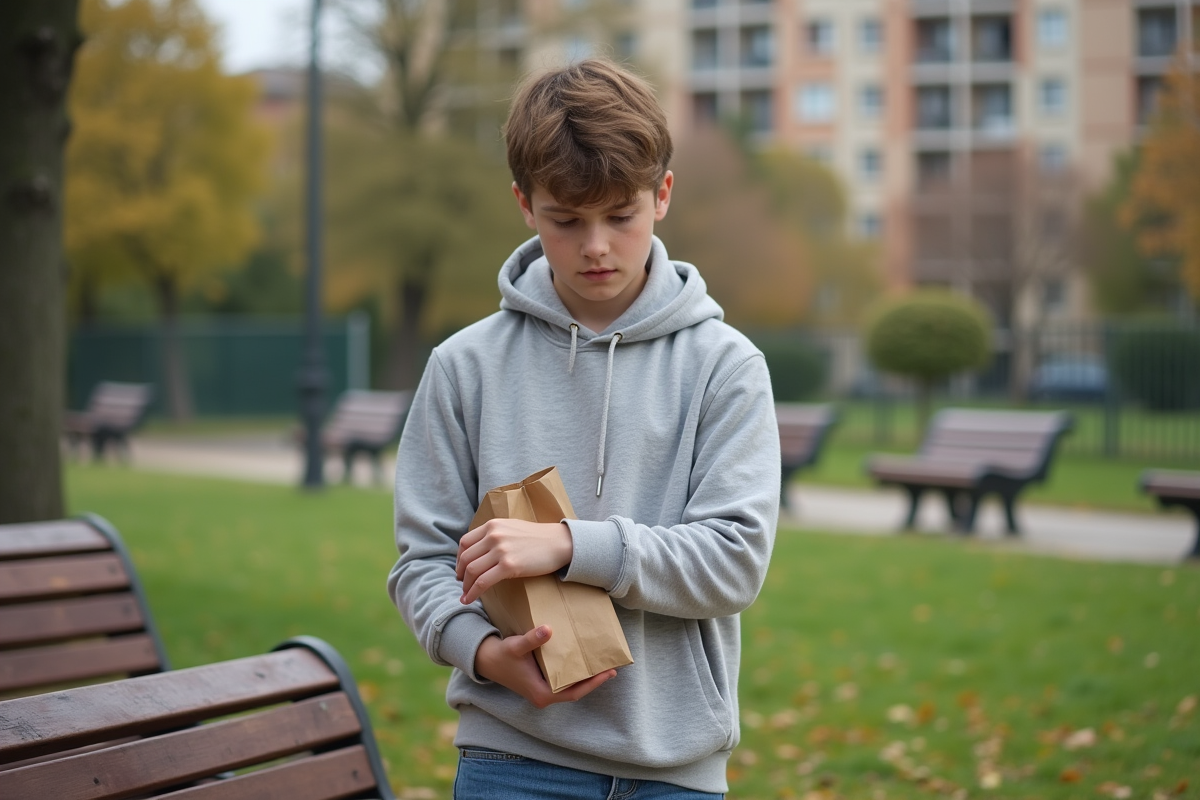 Adolescent regardant sa montre dans un parc urbain