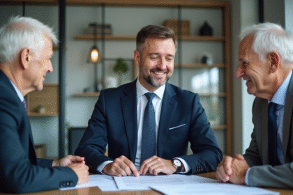 Agent immobilier en costume bleu examine des documents avec un couple