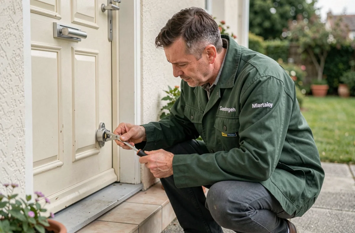 Artisan serrurier AGS Gomes travaillant sur une serrure de porte résidentielle en Essonne