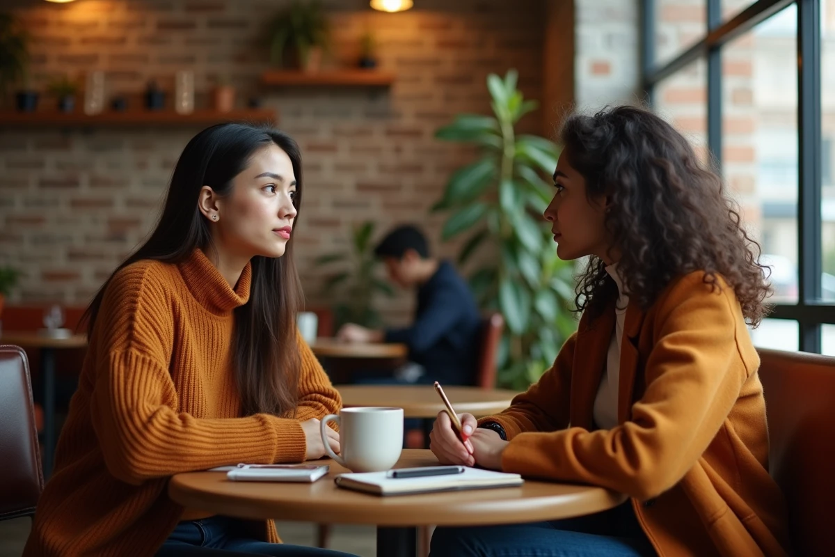 Deux amies dans un café discutant avec sincérité, évoquant le soutien émotionnel et la prise de conscience des besoins affectifs après un amour non partagé