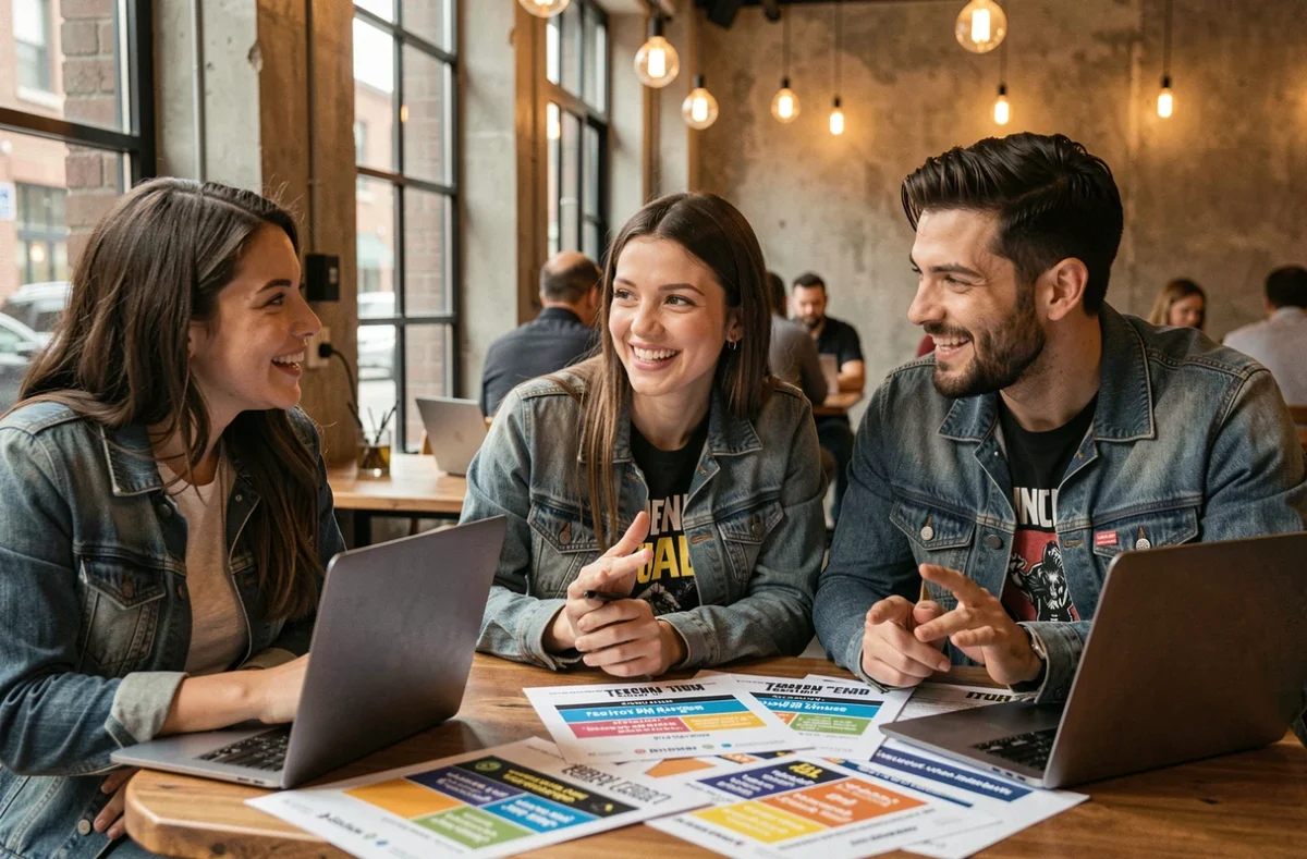 Groupe d'amis passionnés de musique techno comparant des styles par BPM et énergie dans un café urbain avec des documents imprimés