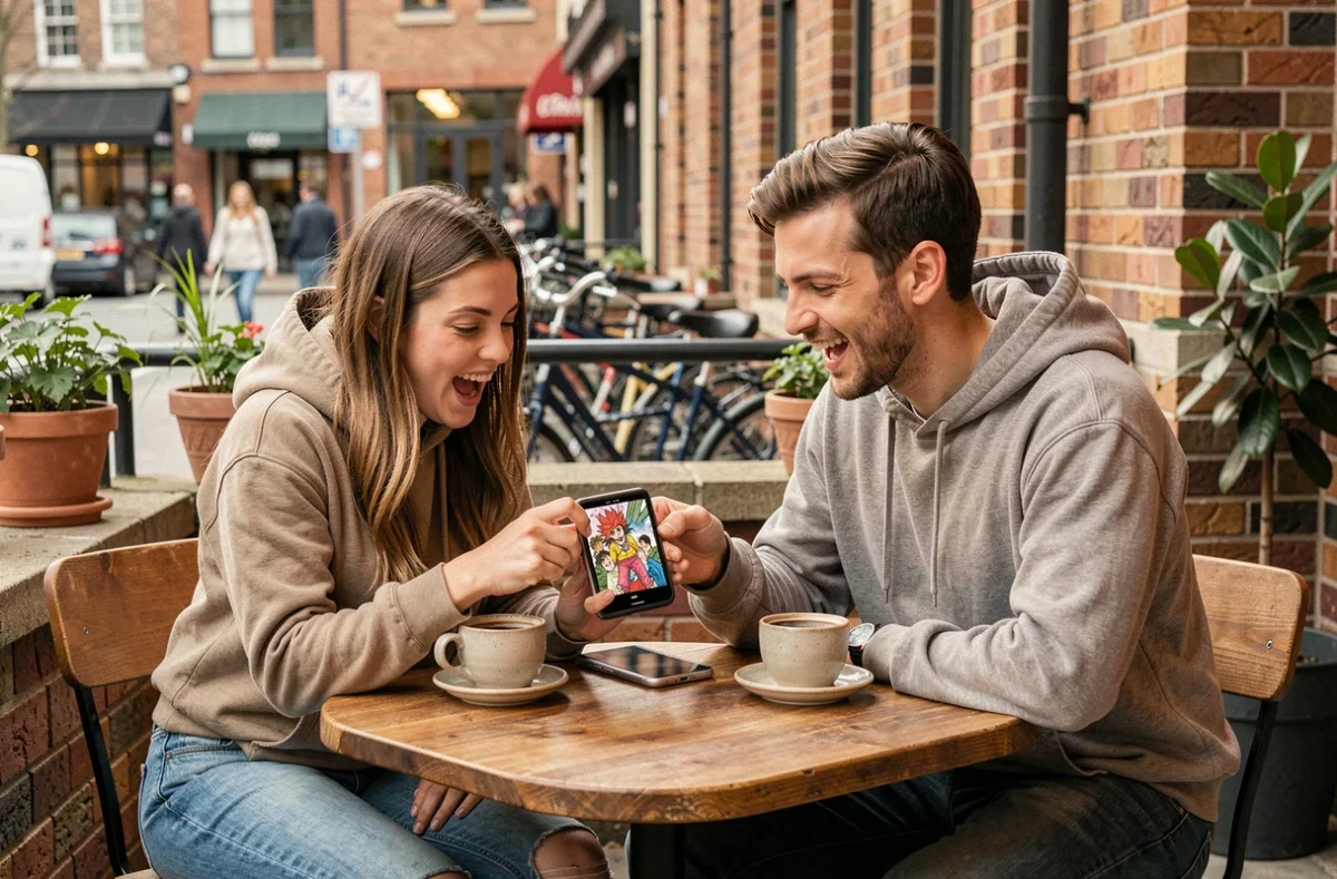 Deux amis partageant leur passion pour les manhwas coréens autour d'un smartphone dans un café urbain