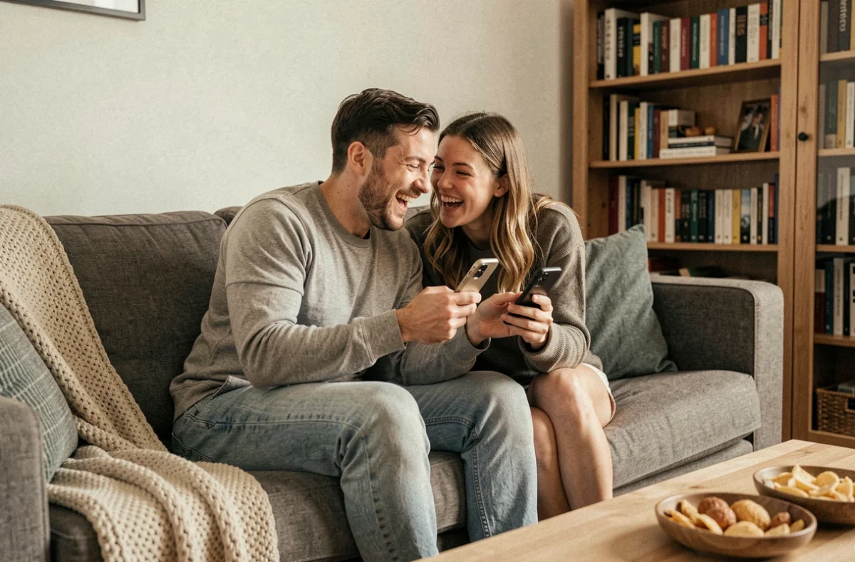 Deux amis sur un canapé qui rient ensemble en lisant des messages bonne nuit humoristiques sur leurs téléphones
