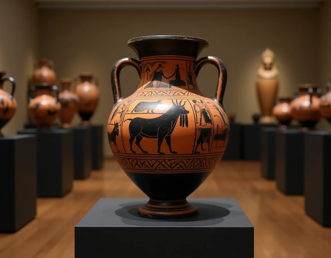 Amphore grecque antique avec peinture en figure noire représentant le Minotaure dans le labyrinthe de Crète