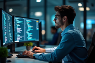 Jeune analyste cybersécurité concentré sur ses écrans