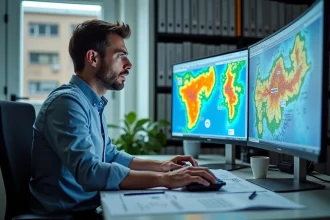 Analyste SIG masculin travaillant sur des cartes cadastrales avec des conversions hectares en mètres carrés sur double écran