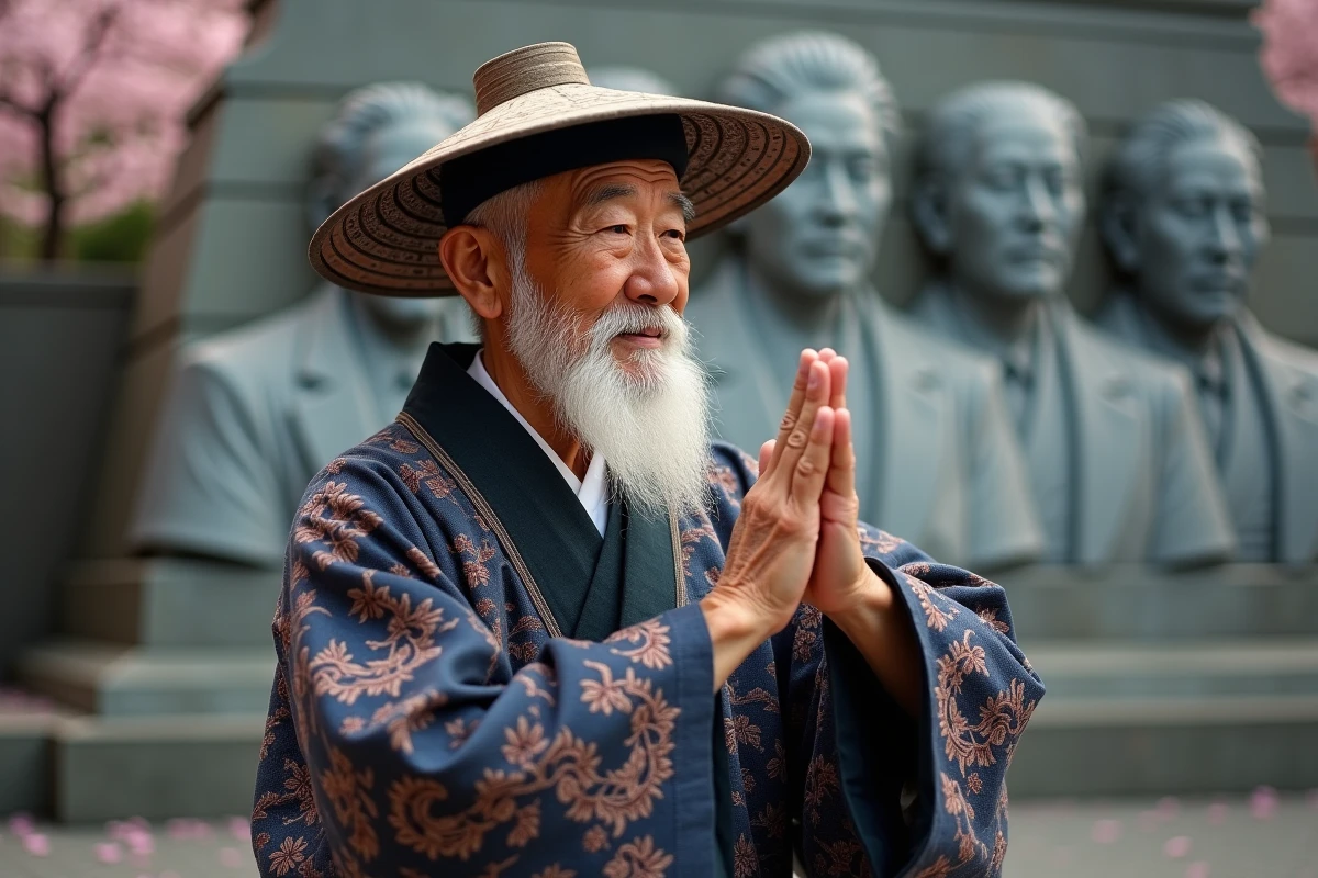 Homme japonais âgé en robe Hokage effectuant un sceau complexe