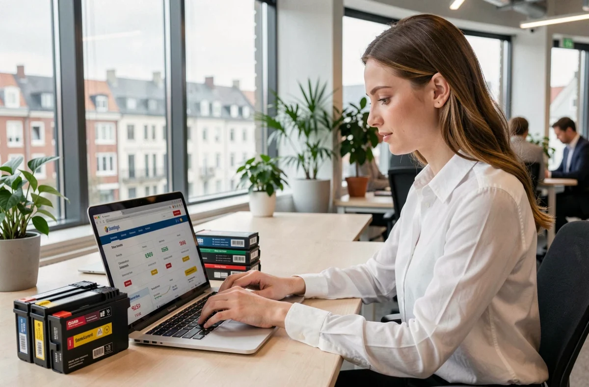 Professionnelle comparant les prix de cartouches d'encre en ligne dans un bureau moderne à Luxembourg