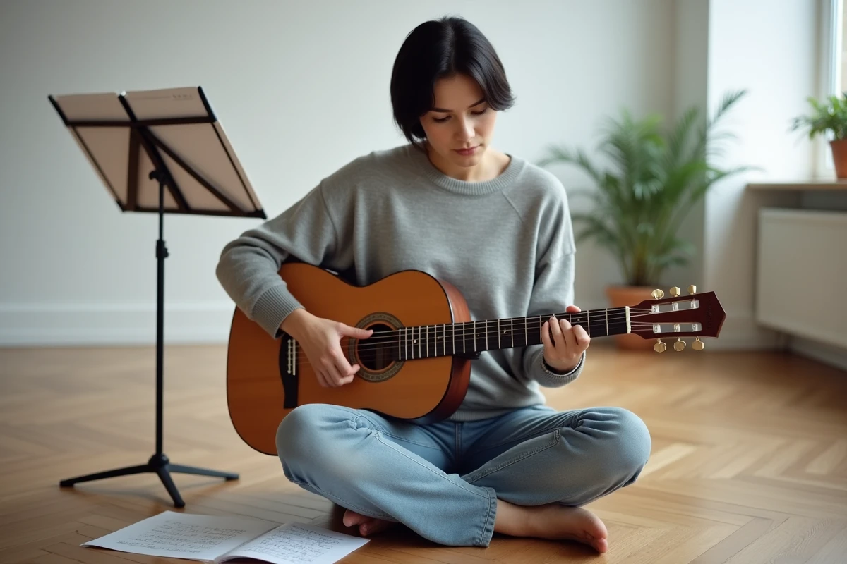 Femme apprenant les accords de guitare classique avec une partition posée au sol