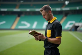 Arbitre de football consultant son carnet de notes sur un terrain de pelouse naturelle avec stade en arrière-plan