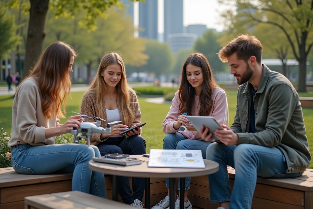 Jeunes innovateurs dans un parc urbain créant avec objets