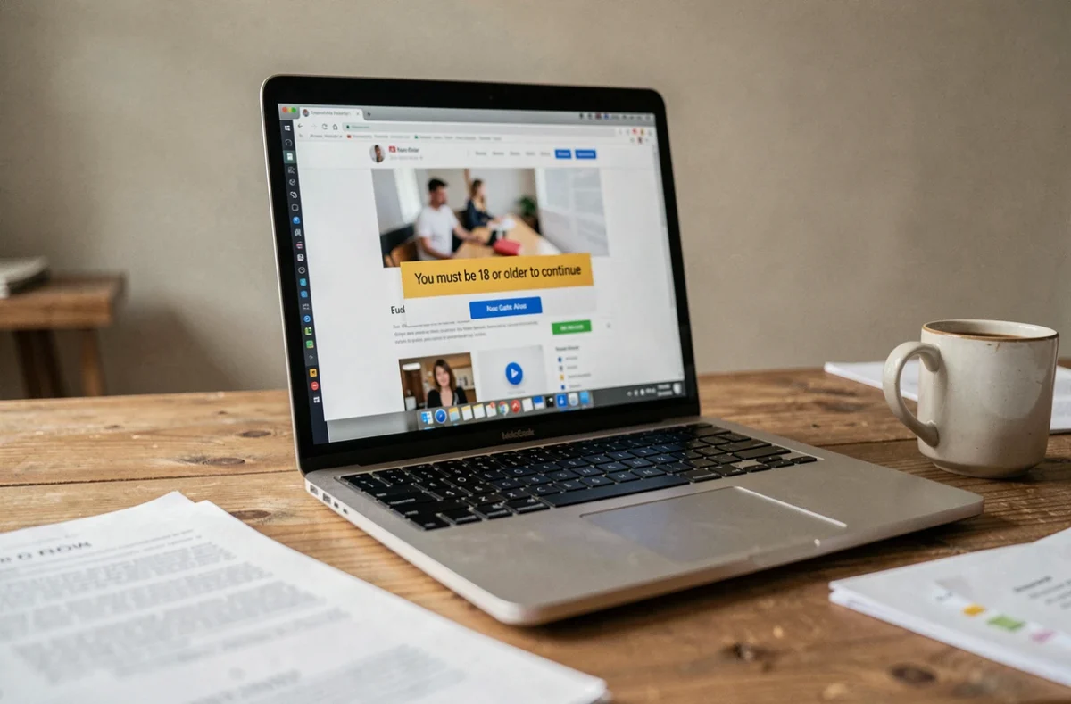 Écran d'ordinateur portable affichant un avertissement de restriction d'âge sur un site web