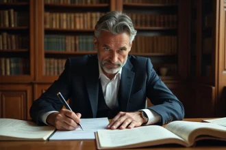 Avocat étudiant un arrêt de la Cour de cassation dans un cabinet juridique traditionnel entouré de codes et de jurisprudence