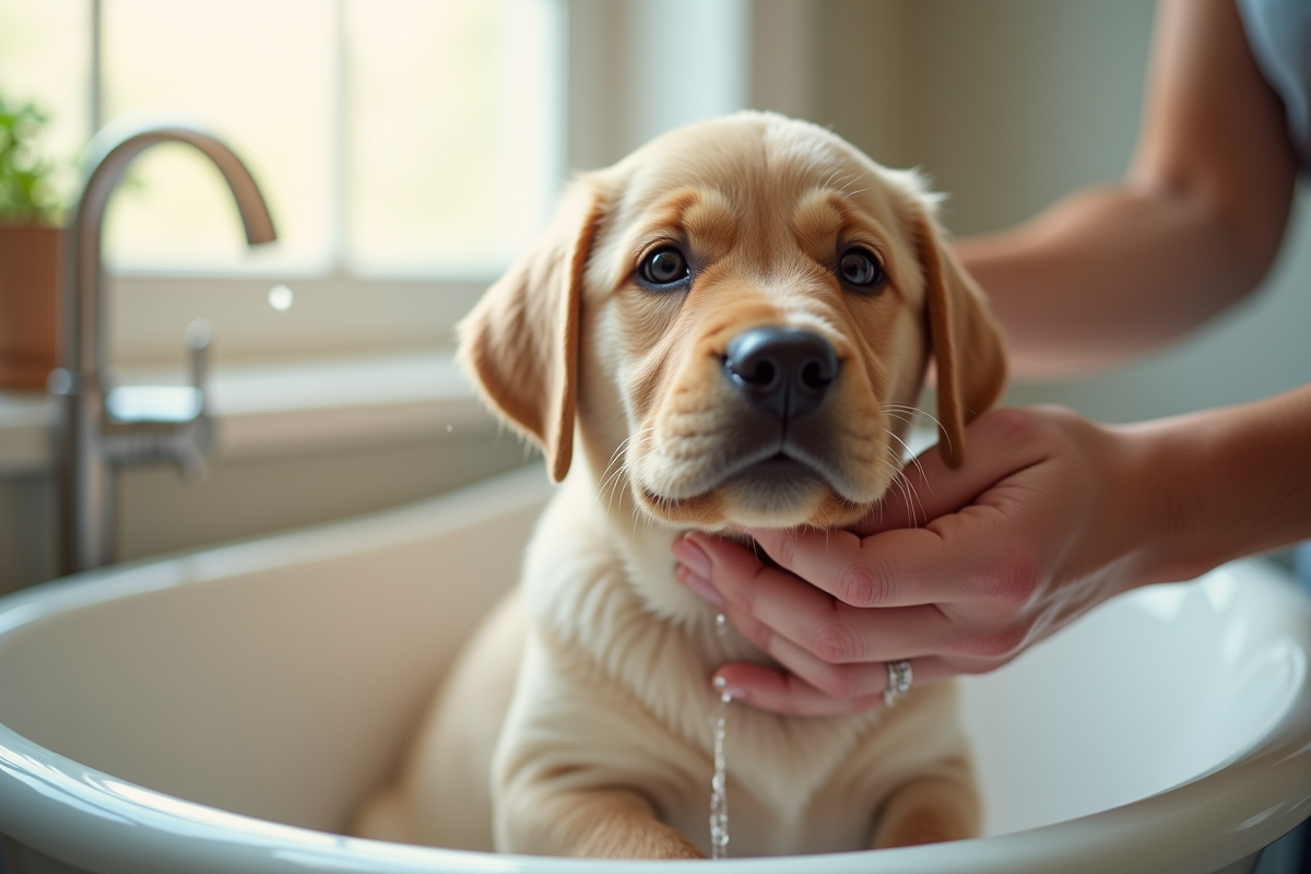 Labrador en bain doux dans une pièce lumineuse