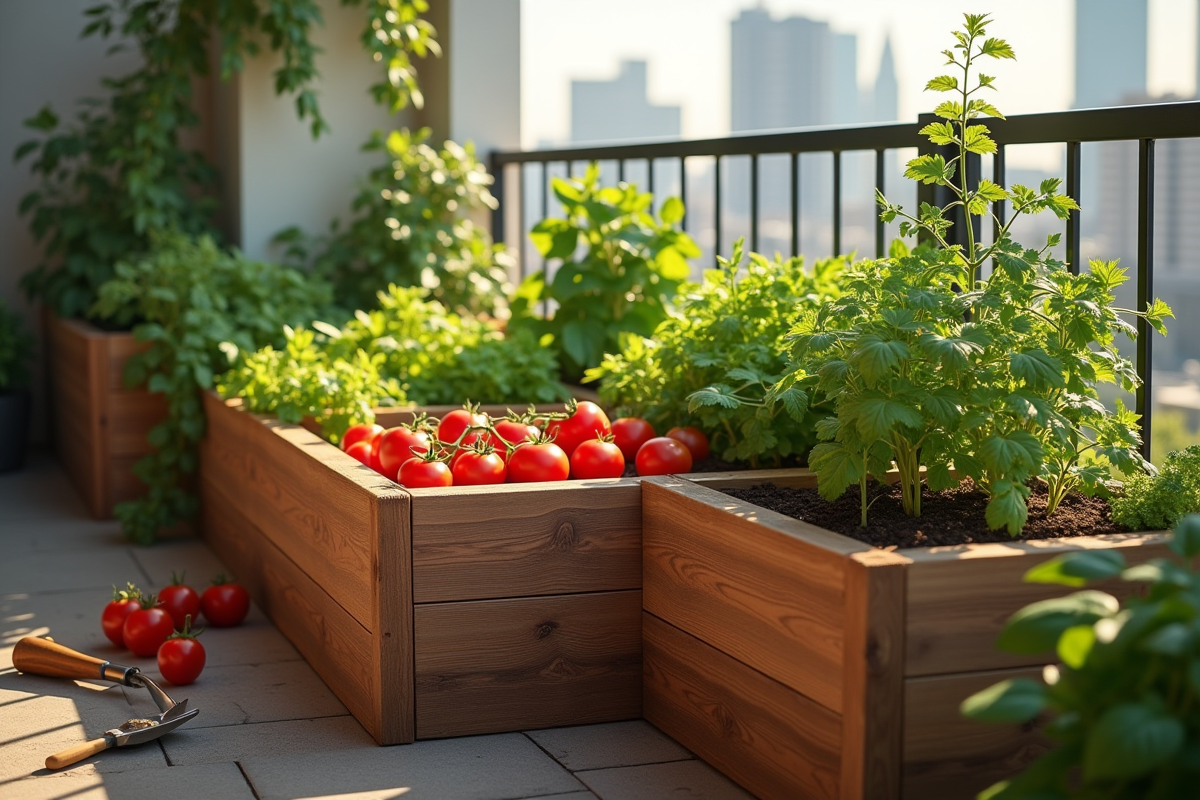 Balcon avec jardinière en L remplie de tomates et herbes