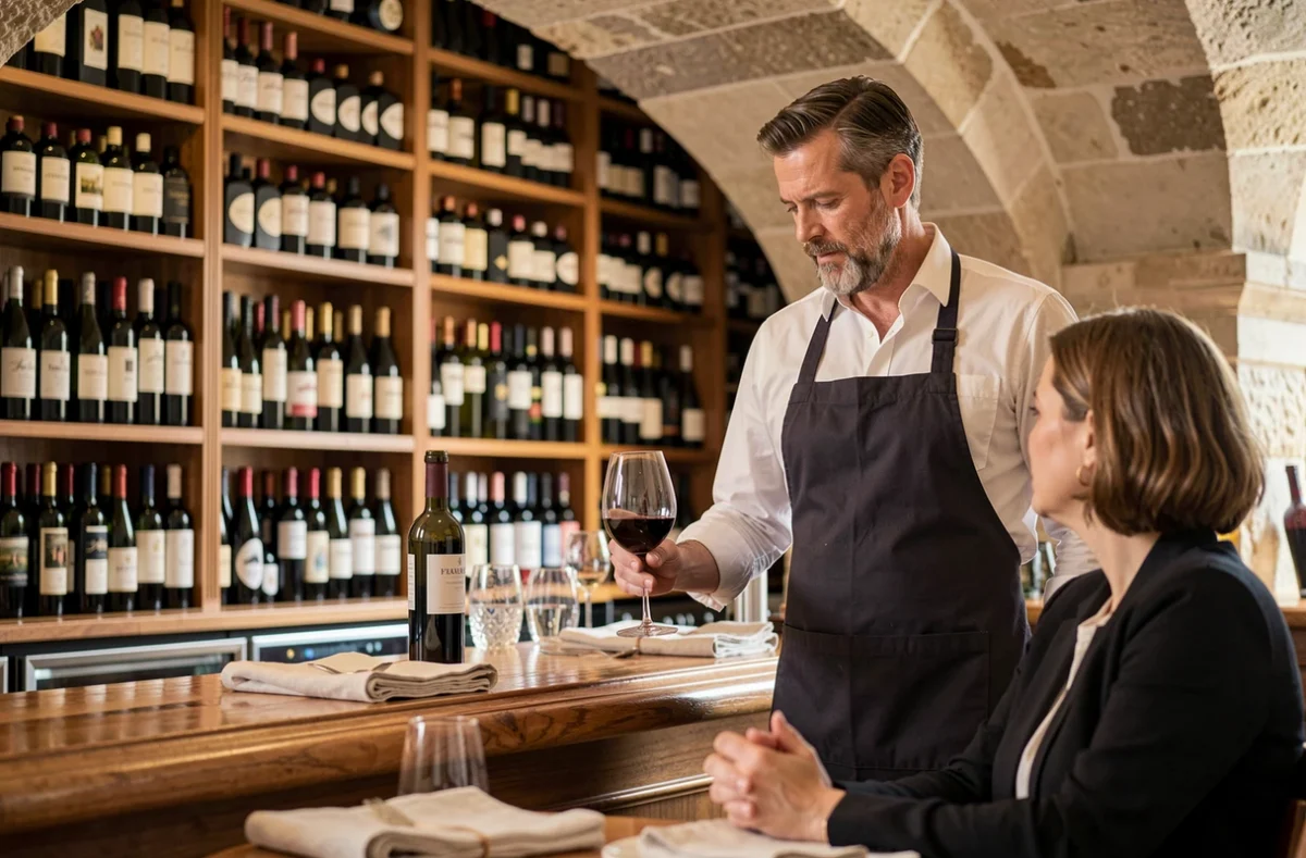 Intérieur d'un bar à vin à Bordeaux avec mur de bouteilles et sommelier servant un verre de bordeaux rouge