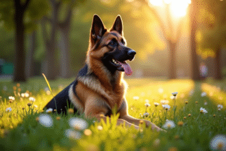 Chien berger allemand assis dans un parc ensoleille