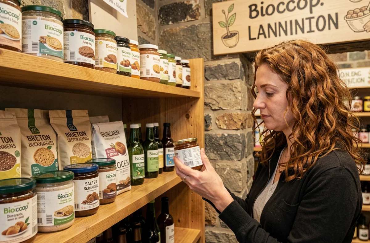 Rayon spécialités bretonnes bio du Biocoop de Lannion avec une cliente lisant l'étiquette d'un produit local artisanal