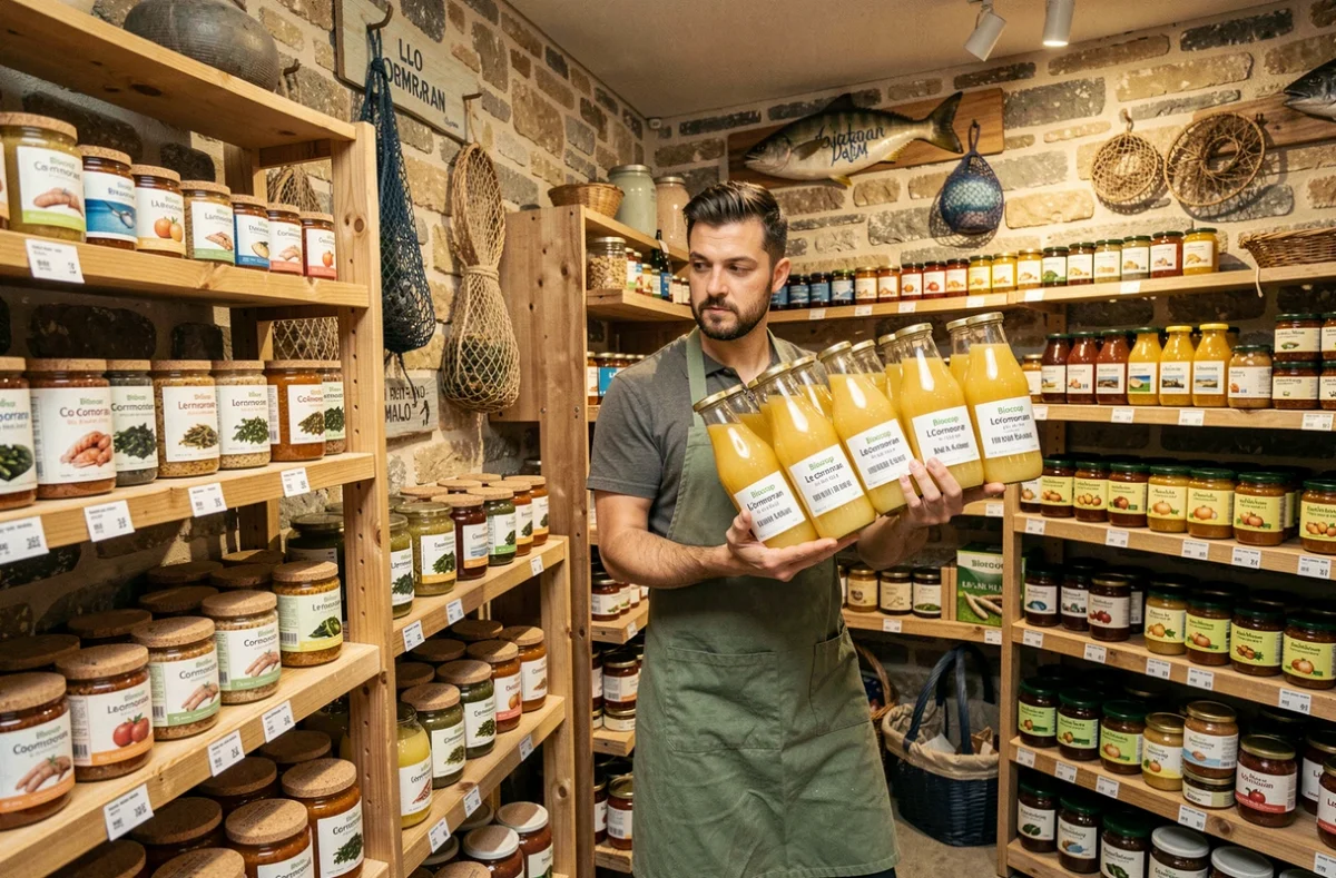 Intérieur du Biocoop Le Cormoran à Saint-Malo avec ses produits bio locaux aux accents maritimes bretons sur des étagères en bois