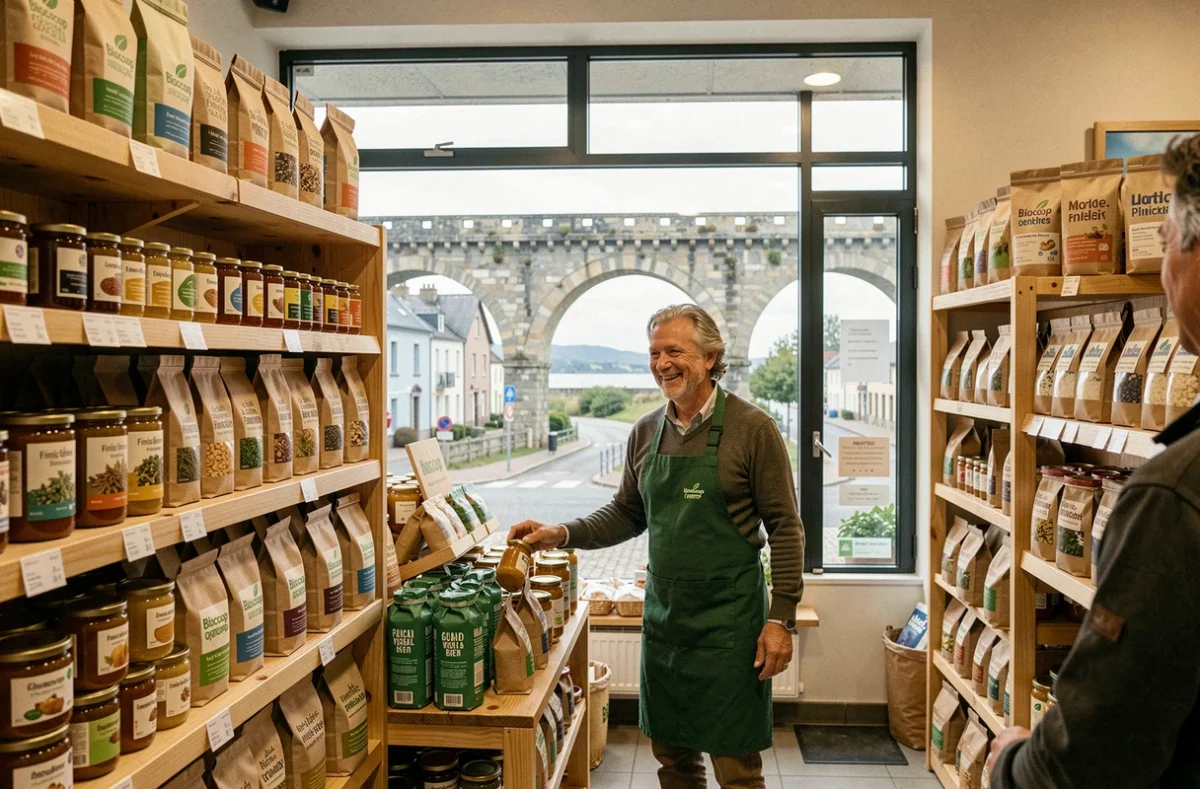 Intérieur du Biocoop de Morlaix avec ses produits bio locaux et un employé souriant devant une fenêtre donnant sur le viaduc historique