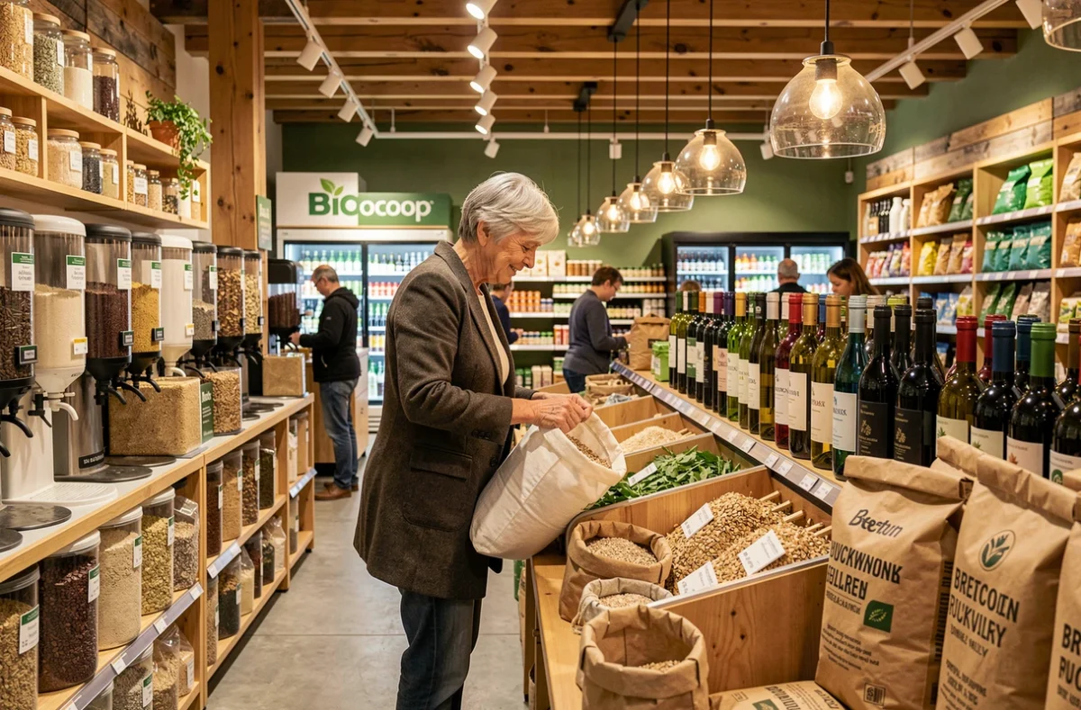 Rayon vrac du Biocoop de Quimper avec une cliente remplissant un sac en coton et des bocaux de produits biologiques sur les étagères