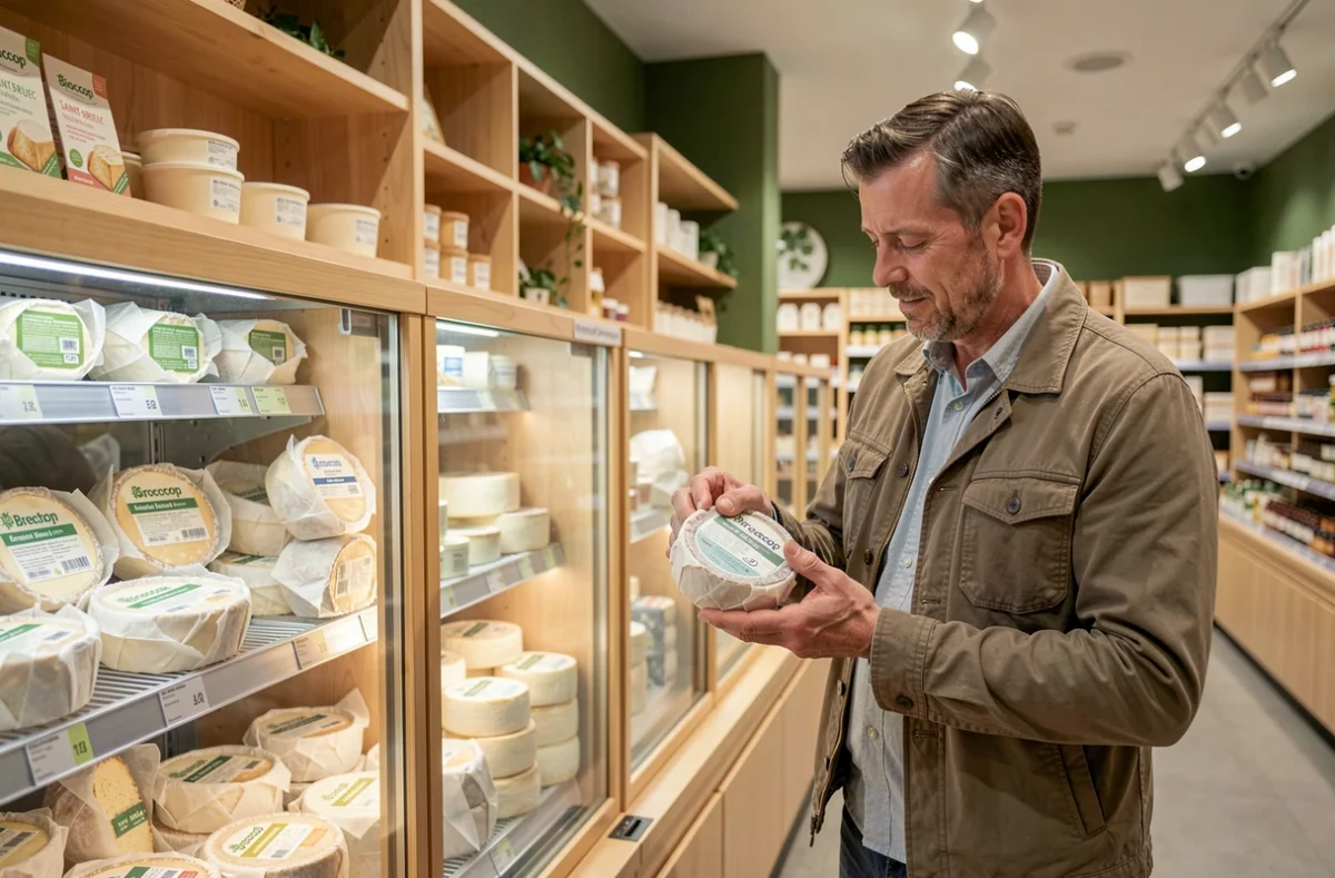 Rayon fromages et produits laitiers bio du Biocoop de Saint-Brieuc avec un client comparant des fromages artisanaux locaux