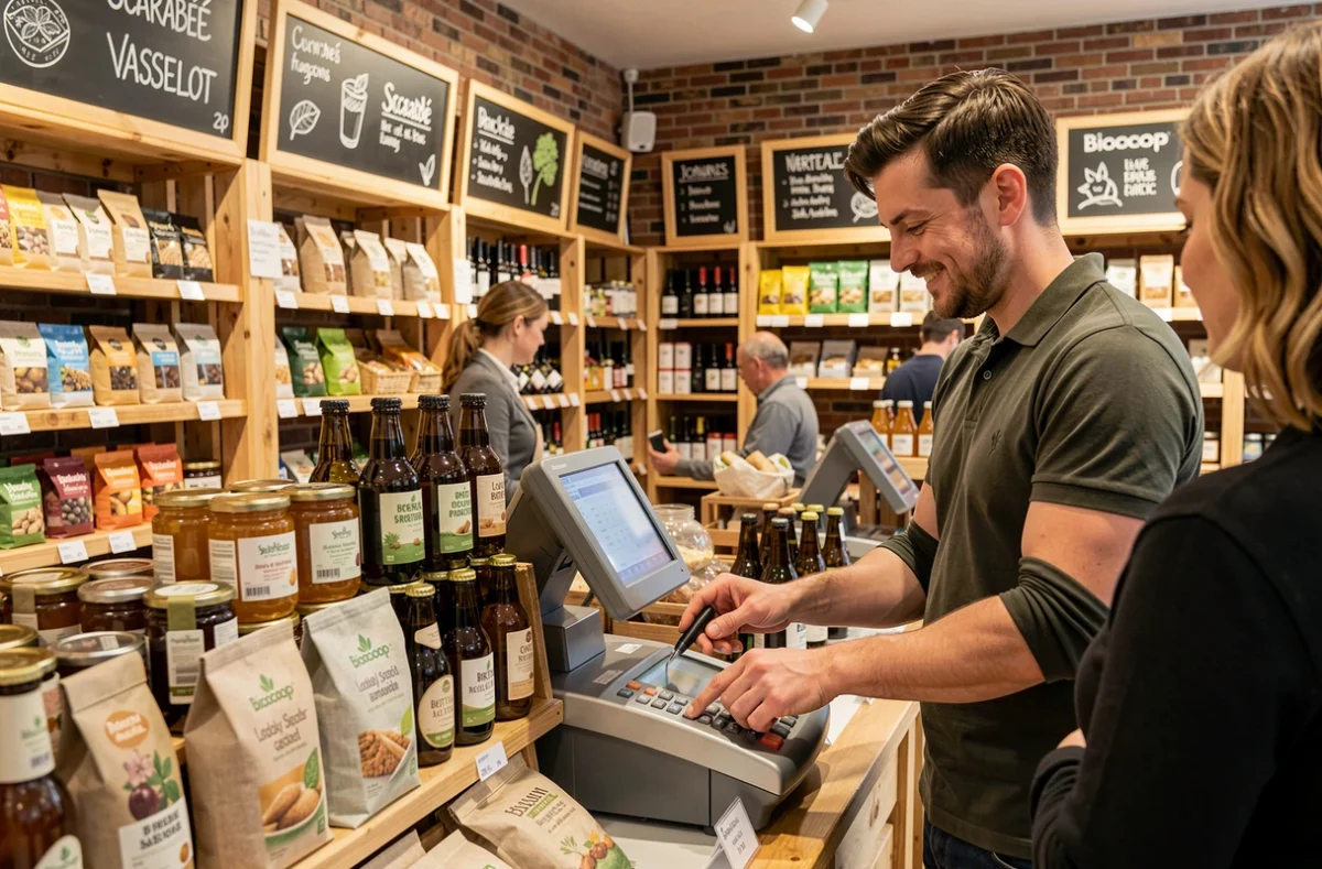 Caisse du Biocoop Scarabée Vasselot à Rennes avec un caissier souriant et des produits bio locaux en vitrine