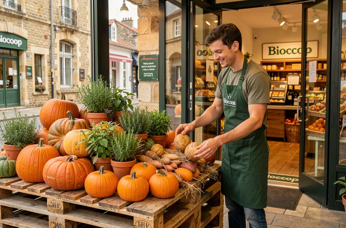 Entrée du Biocoop de Vannes avec un employé arrangeant un étalage saisonnier de légumes bio sur une palette en bois rustique