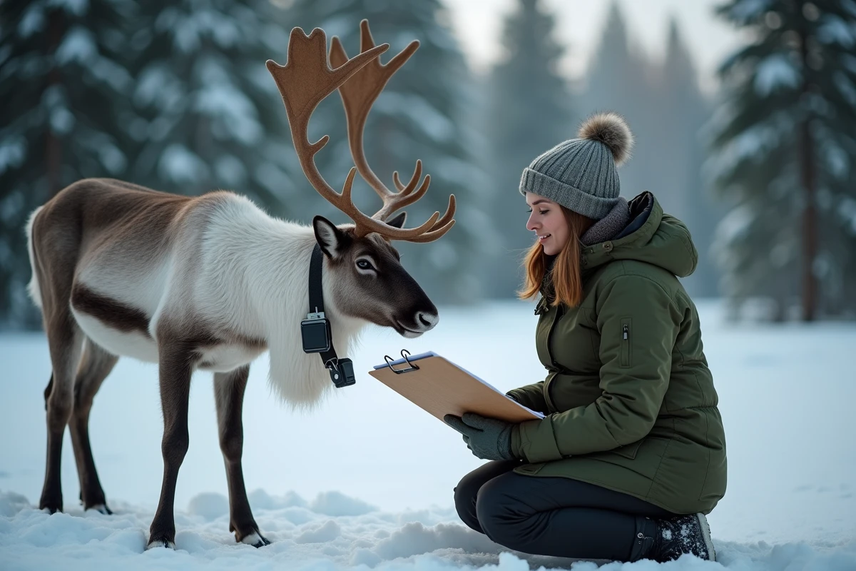 Biologiste étudiant un renne équipé d'un collier GPS dans une forêt enneigée scandinave lors d'une expédition scientifique