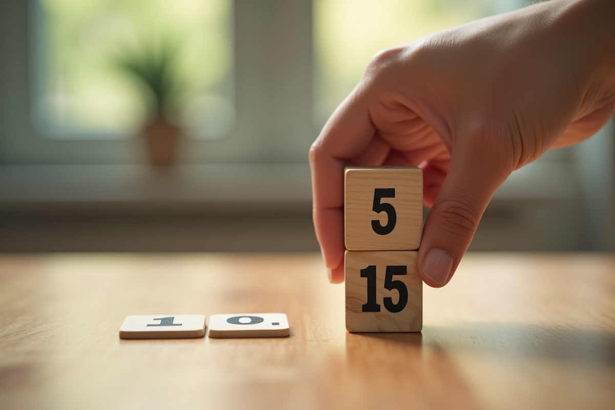 Une main posant des blocs numérotés sur une table en bois dans une ambiance éducative