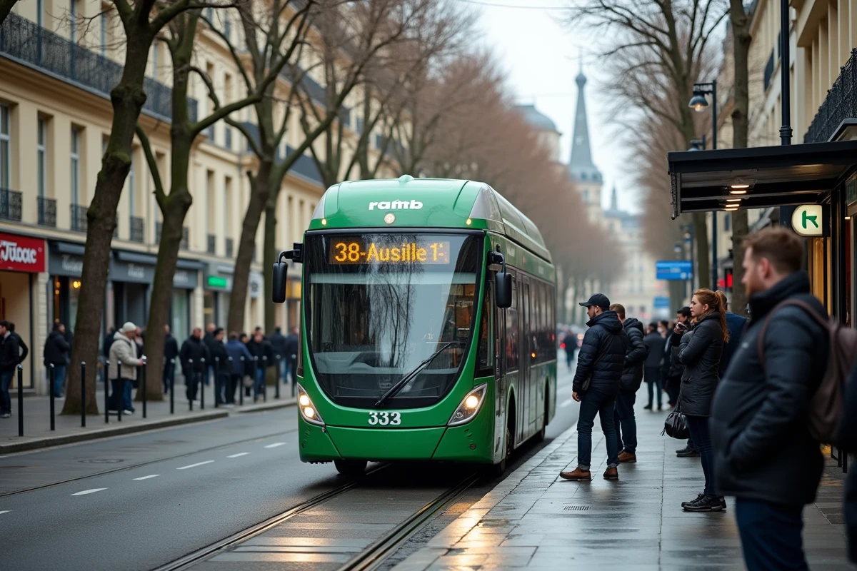 Bus 323 RATP arrivant à un arrêt parisien avec des voyageurs consultant les horaires en temps réel