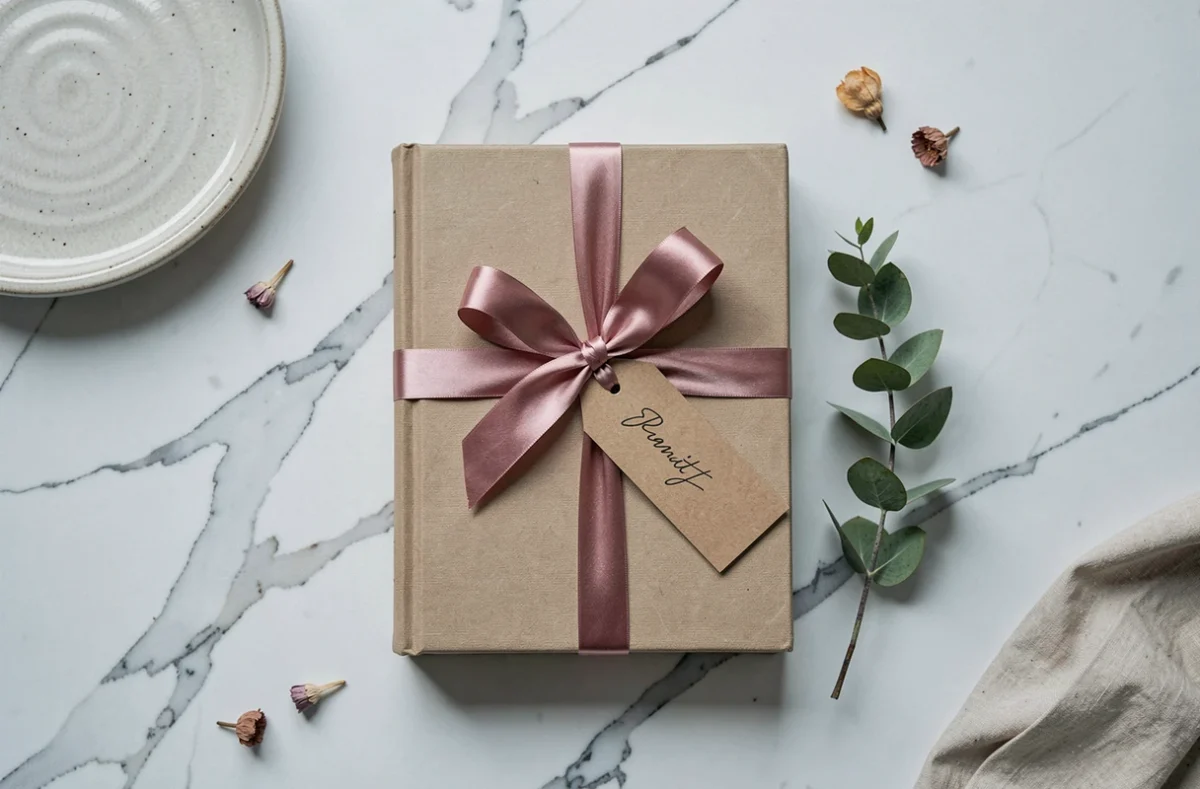 Livre de citations personnalisé emballé comme cadeau avec ruban en satin et étiquette manuscrite sur marbre blanc
