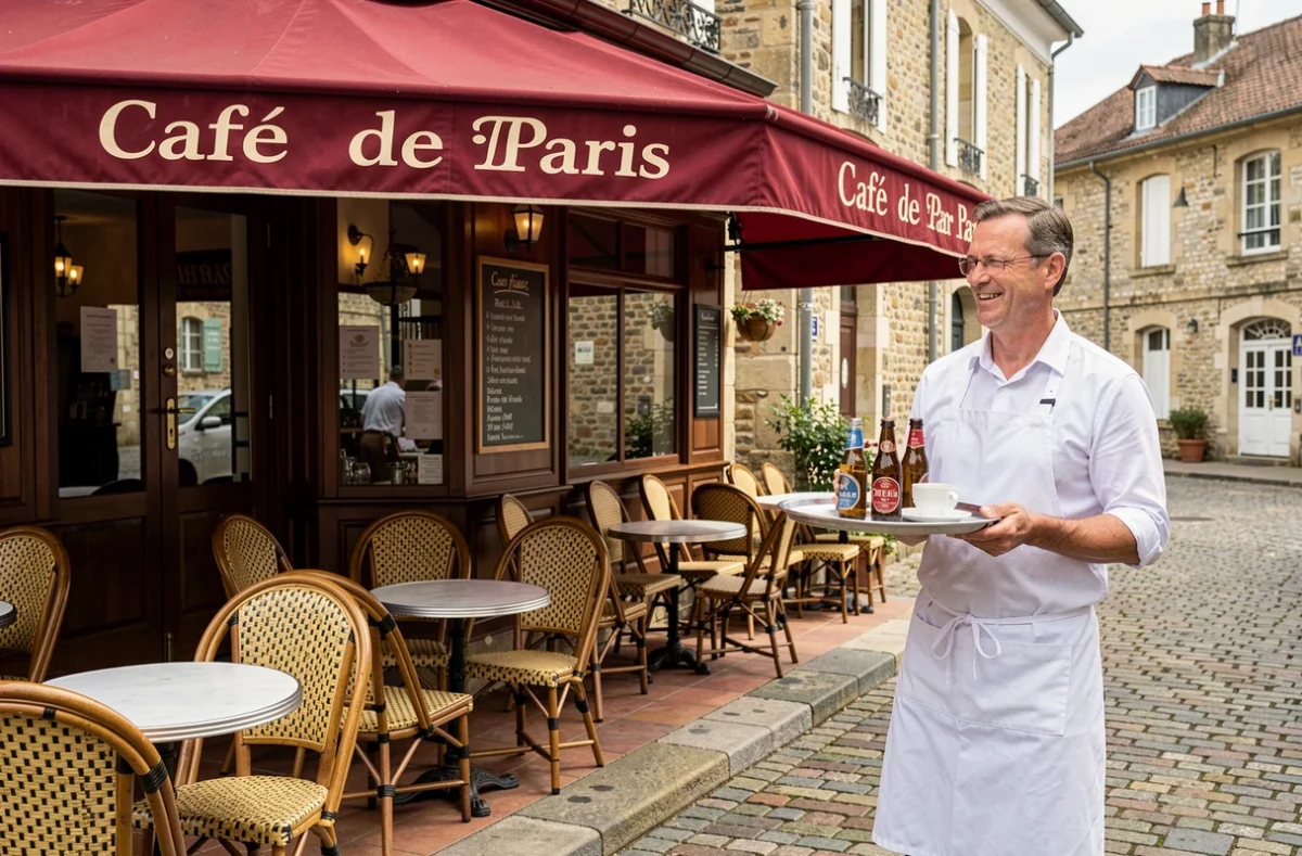 Terrasse du Café de Paris à Brive-la-Gaillarde avec mobilier en rotin, serveur et architecture corrézienne