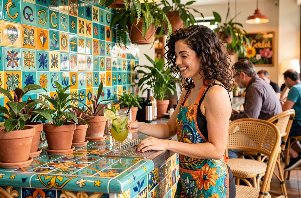 Bar Cafecito à Bordeaux avec carreaux colorés, plantes tropicales et barista préparant un mojito au comptoir