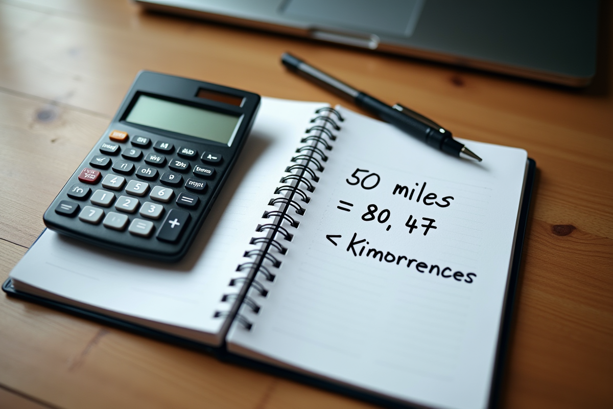 Calculatrice et carnet avec formules de conversion sur bureau