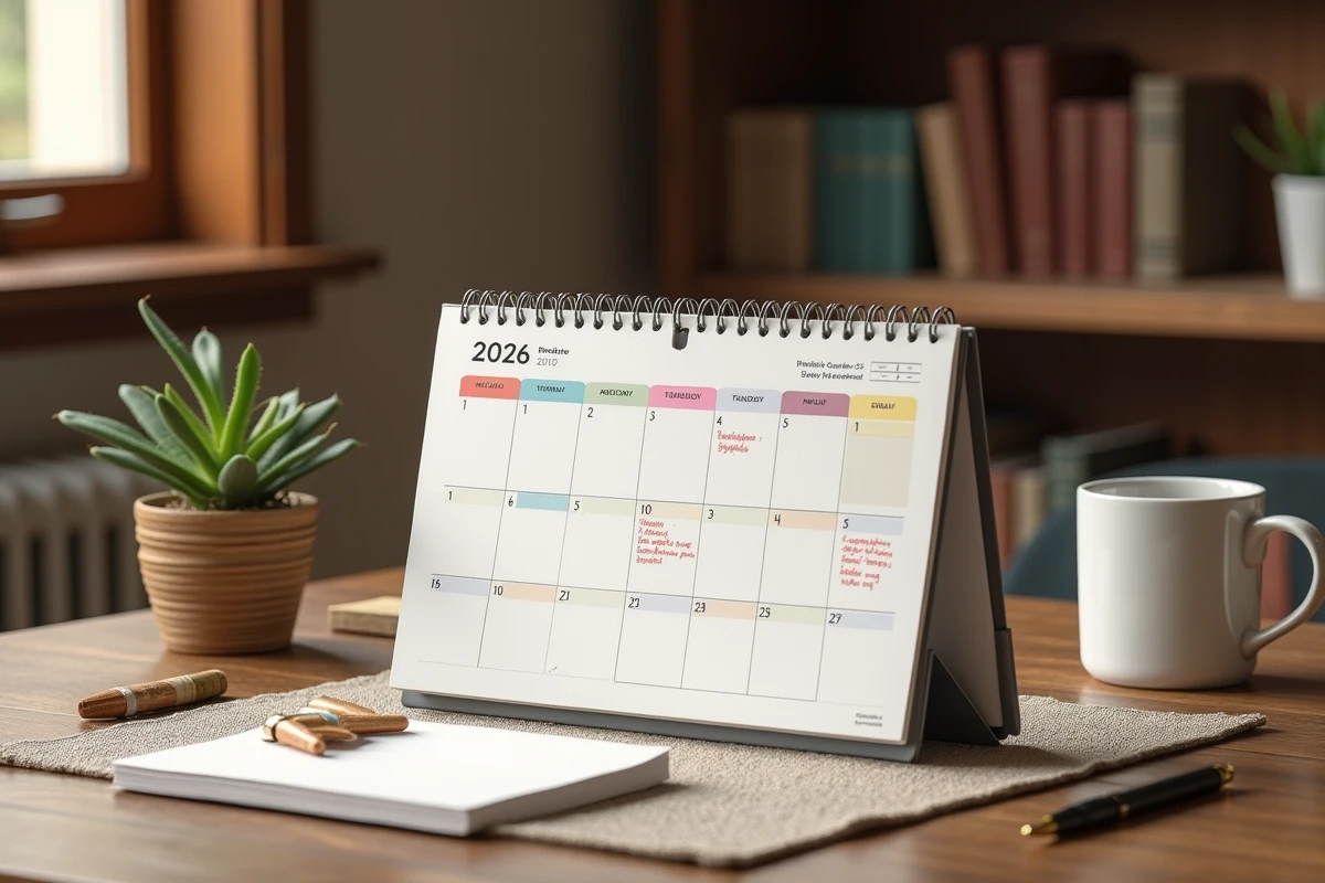 Calendrier 2026 ouvert sur un bureau en bois avec semaines surlignées, stylo et tasse de café pour une planification sereine