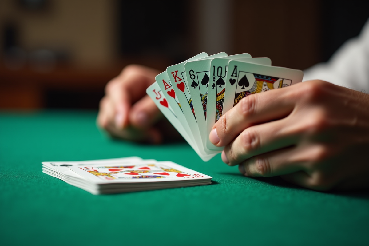 Gros plan sur des cartes de tarot tenues en main sur une table verte