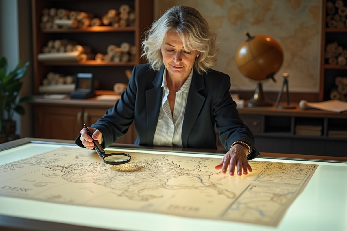Cartographe féminine examinant une carte topographique imprimée avec des annotations de conversion de surface en hectares et mètres carrés