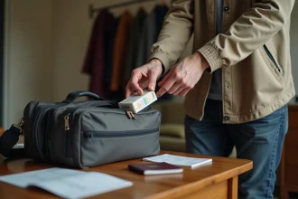 Voyageur préparant une cartouche de cigarettes dans son bagage avec passeport et carte d'embarquement sur une table en bois