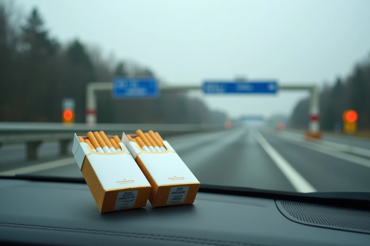 Deux cartouches de cigarettes posées sur le tableau de bord d'une voiture devant un poste frontière européen