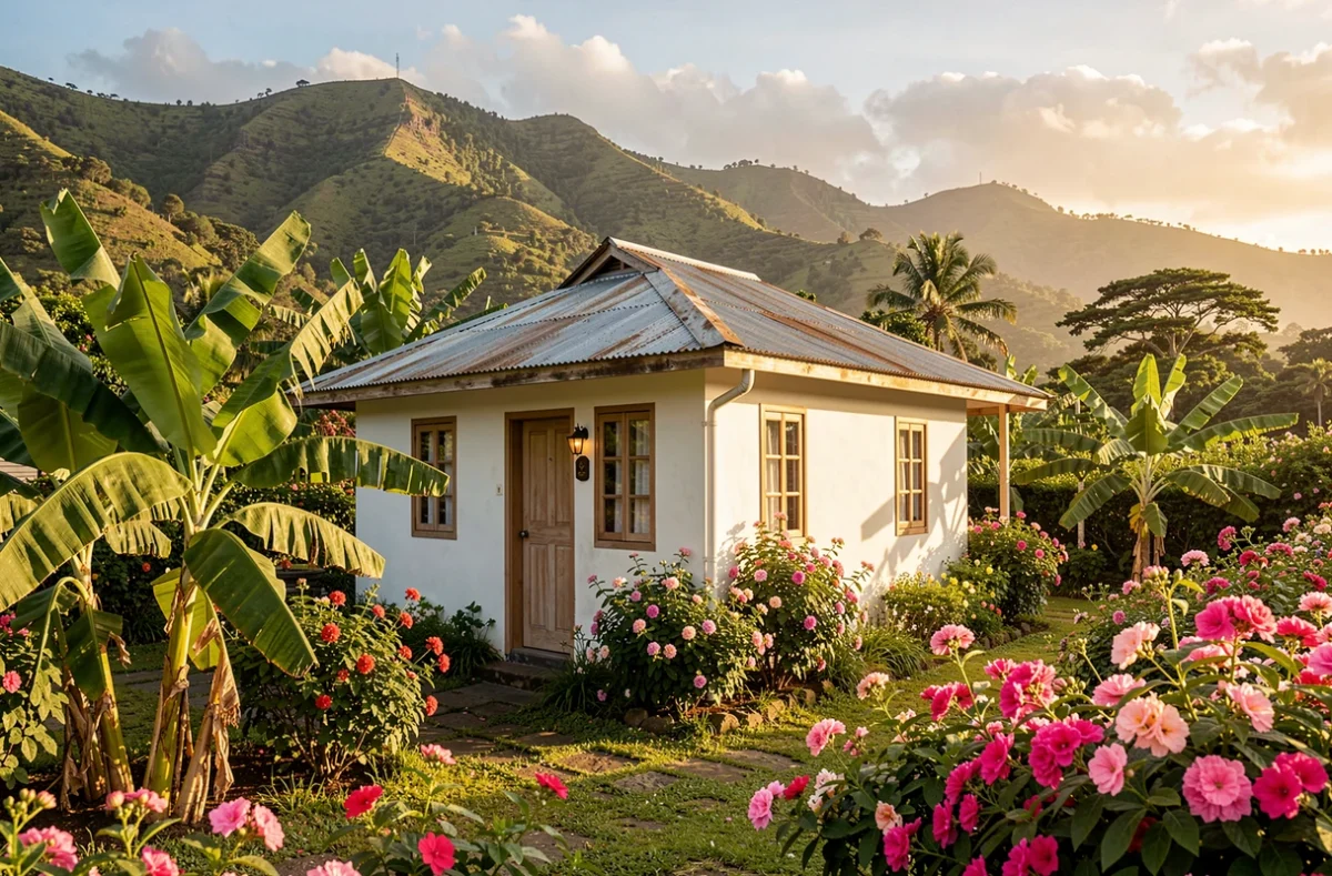 Case créole entourée d'un jardin sur les hauts de La Réunion
